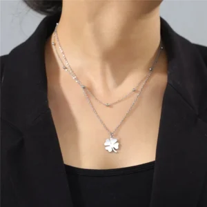 Collier trèfle argent avec chaîne double