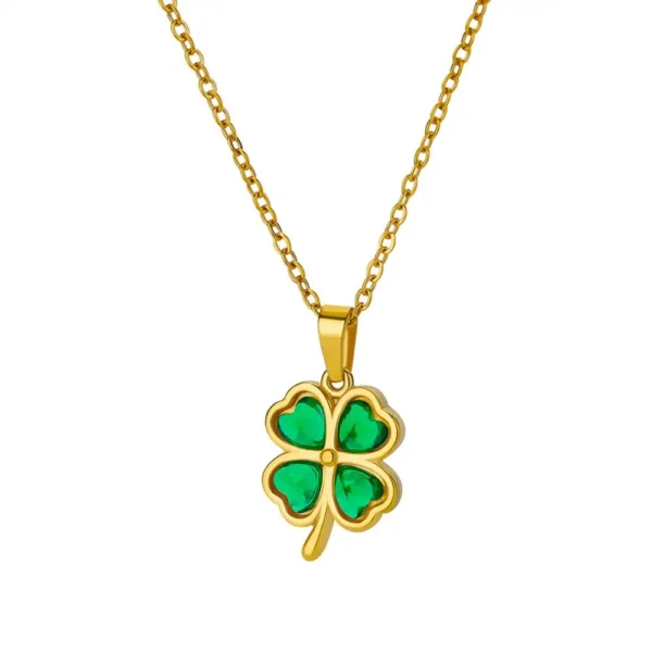 Collier trèfle doré avec feuilles cristallisées vertes
