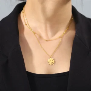 Collier trèfle or avec chaîne double