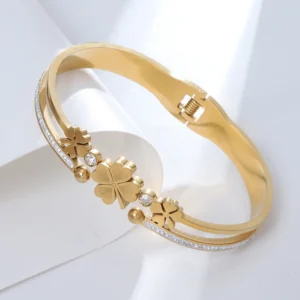 Jonc 3 trèfles dorés avec cristaux