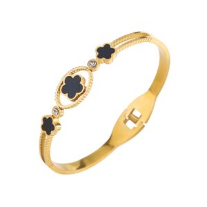 Jonc doré triple trèfle à 5 feuilles noir design