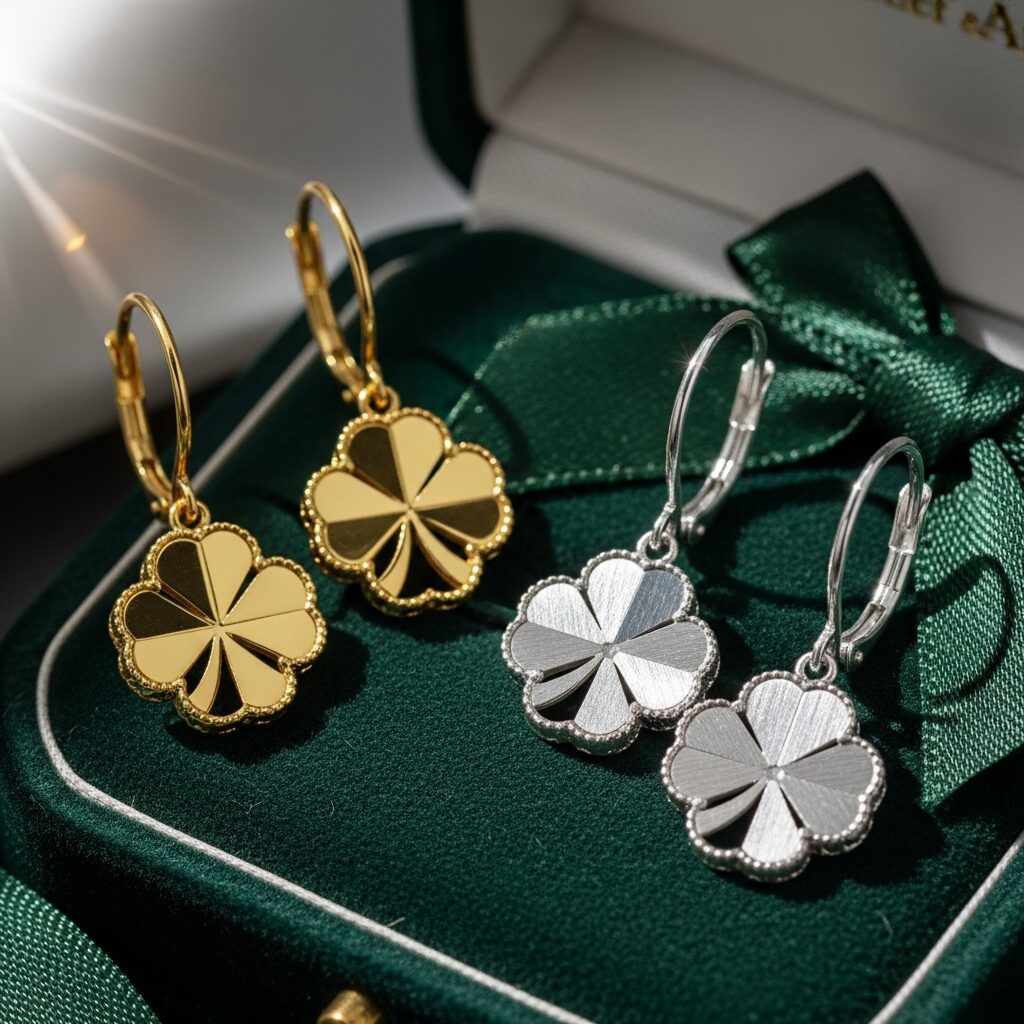 Boucles d'oreilles trefle van cleef : élégance et symbole de chance réunies. Motif trèfle inspiré du raffinement Van Cleef & Arpels, finition artisanale et choix argent ou or. Un cadeau porte-bonheur intemporel qui sublime chaque jour et apporte équilibre et joie.