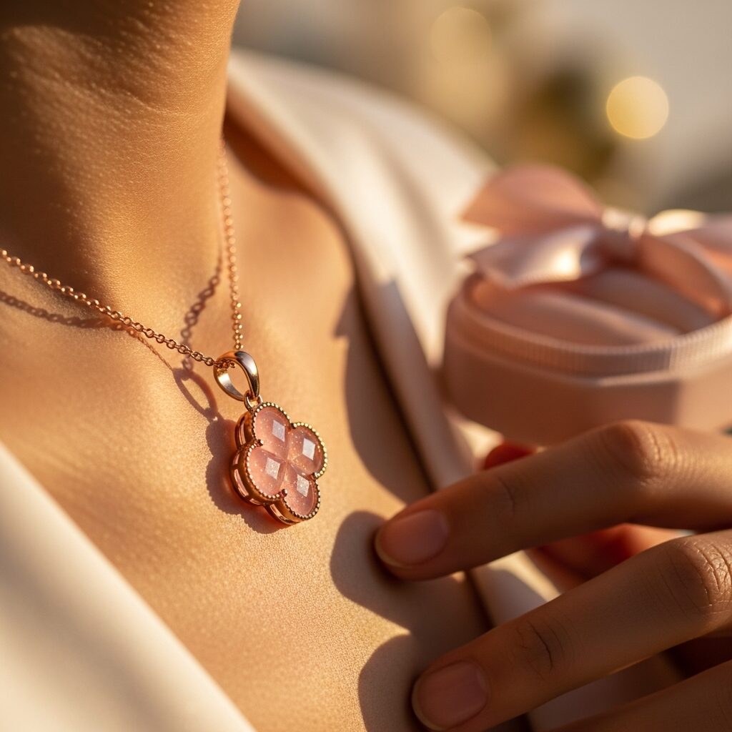 Trefle rose : collier porte-bonheur incarnant chance et harmonie. Bijou raffiné, symbole d’amour et d’espoir, pensé pour accompagner chaque geste. Offrez-le comme cadeau marquant ou pour célébrer la chance qui vous sourit.