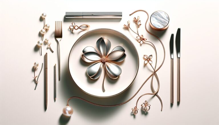 Décoration de table élégante avec une fleur de trèfle en argent et des éléments dorés, parfaite pour une ambiance raffinée.