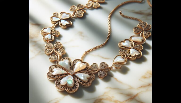 Collier trèfle à quatre feuilles Van Cleef, or jaune, nacre et diamants, luxe et élégance.