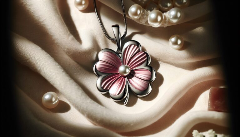 Pendentif trèfle rose et perles fines sur fond satiné, bijou élégant et raffiné.
