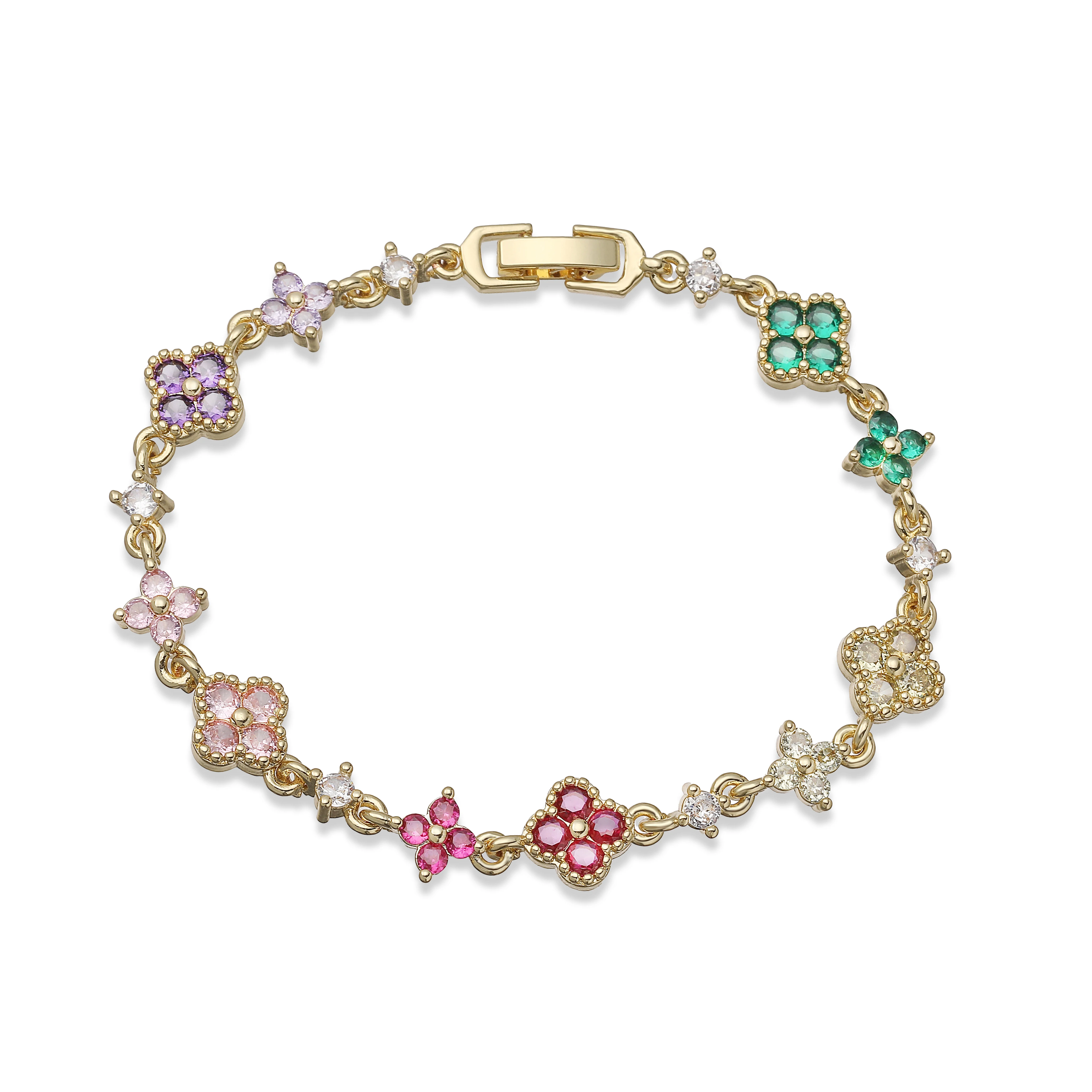Bracelet doré orné de trèfles multicolores sertis de pierres fines et de cristaux.