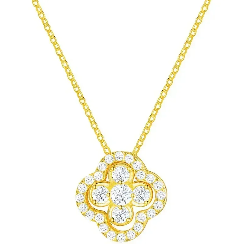 Collier trèfle à 4 feuilles doré serti de cristaux brillants, bijou élégant et tendance.
